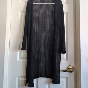 Black lightweight gauzy semi sheer loose knit duster cardigan